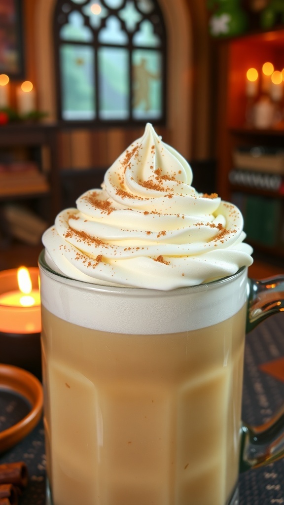 A glass of butterbeer with whipped cream and cinnamon, set in a cozy environment.